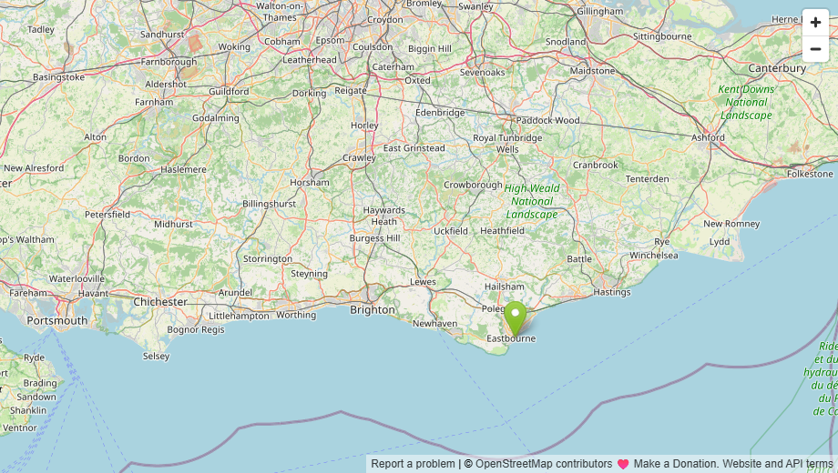 Map of Sussex with a marker around Eastbourne