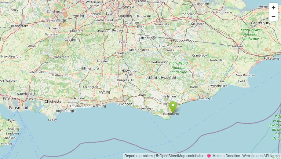 Map of Sussex with a marker around Eastbourne